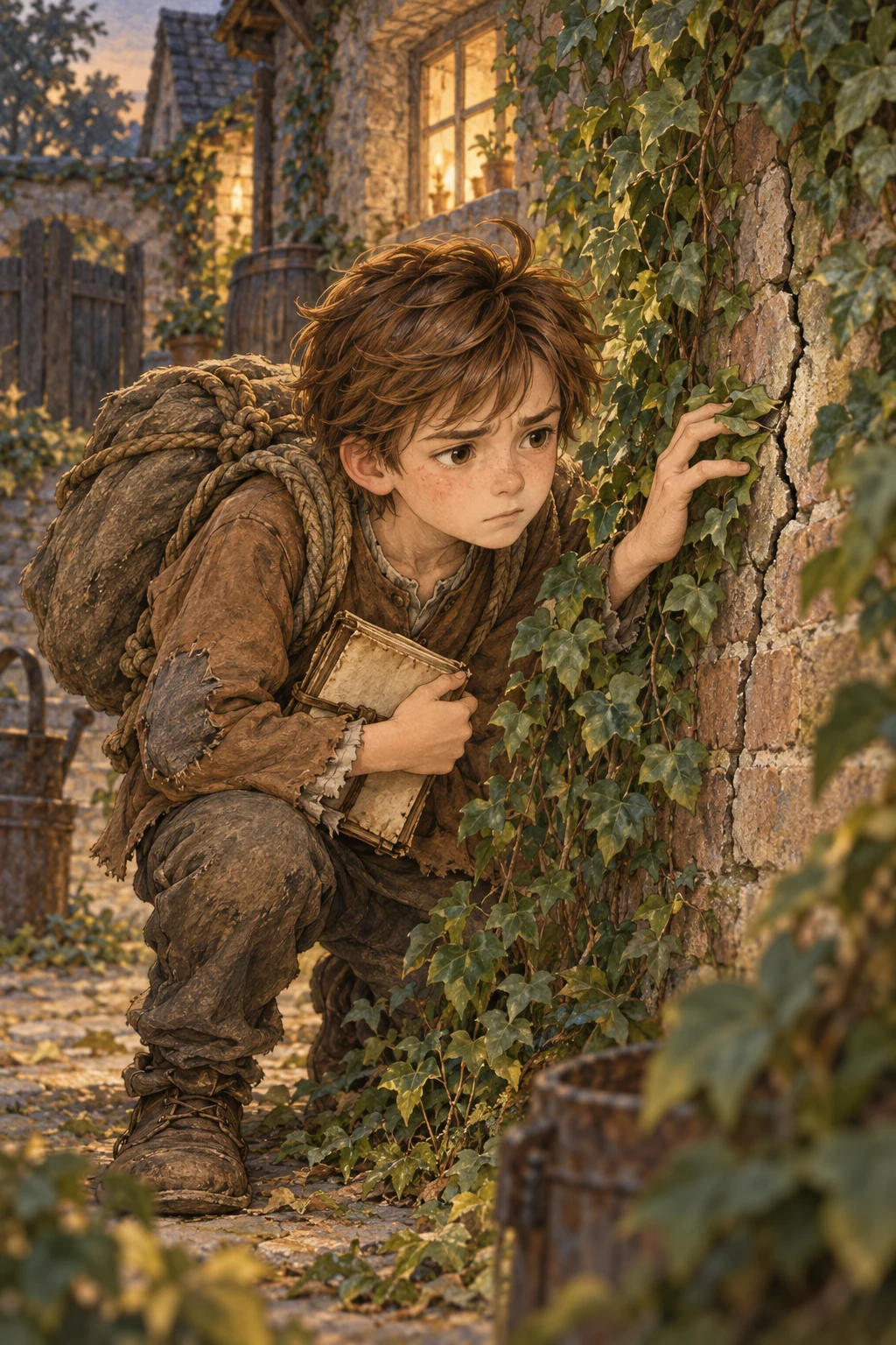 Chris parts the green leaves on the courtyard wall and finds a growing crack.