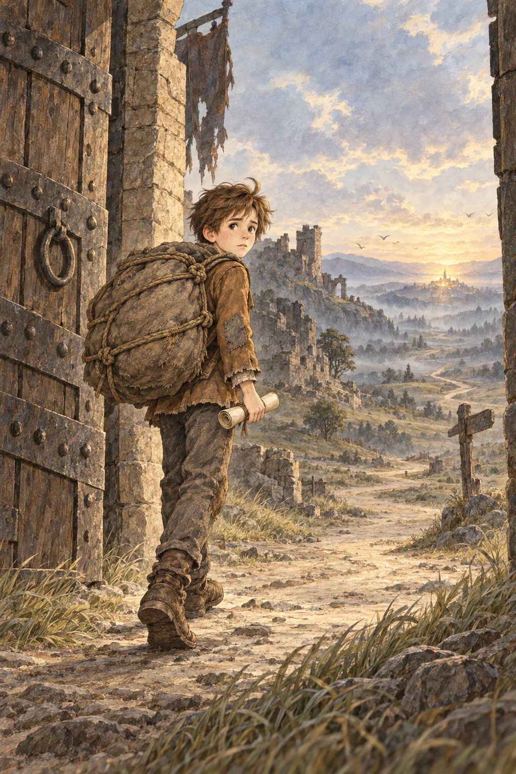 Chris leaves the City of Destruction, carrying his heavy bundle and holding the parchment.