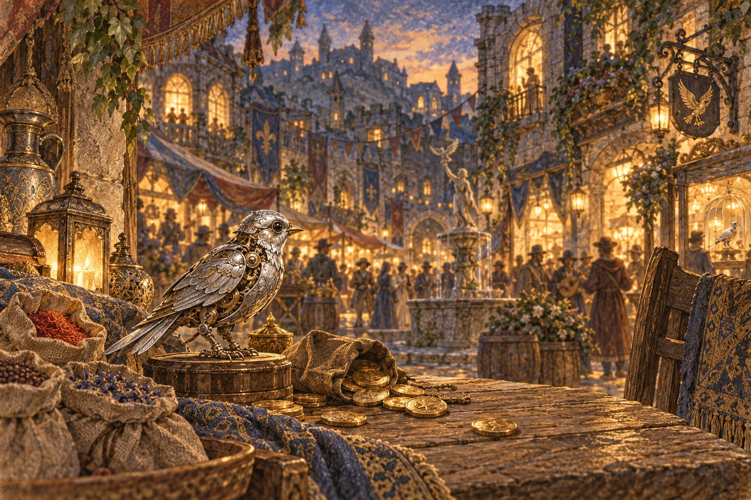 Lamplight and gold coins.