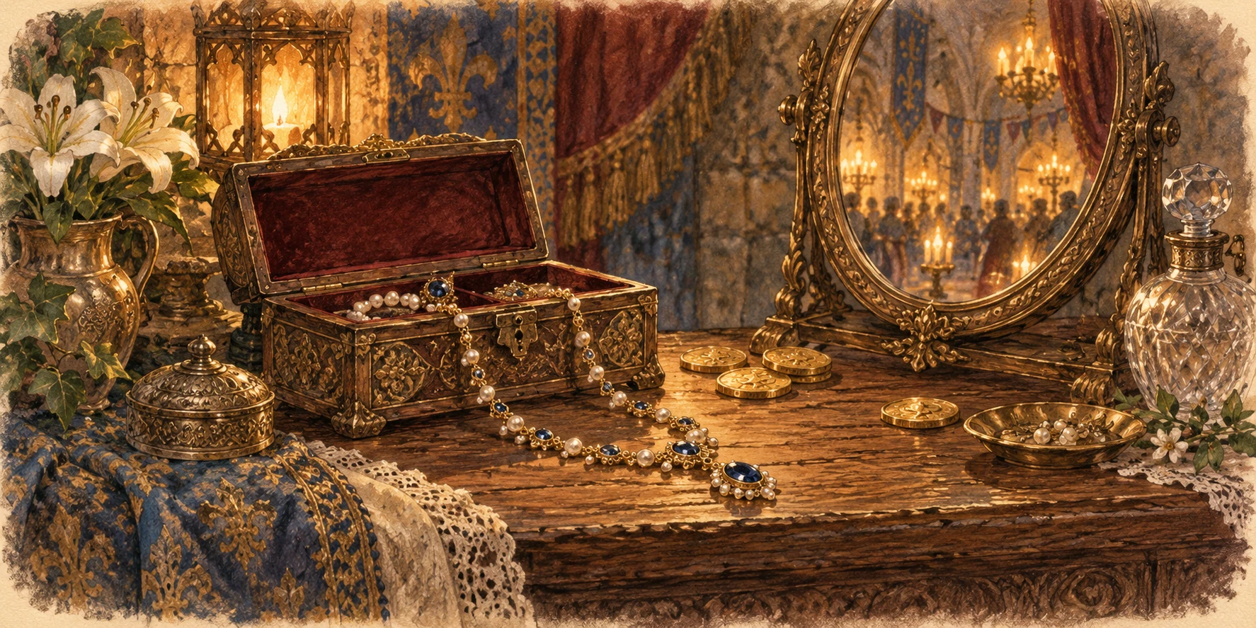 A jewelry box and a delicate necklace beside a small oval mirror on a medieval wooden dressing table.