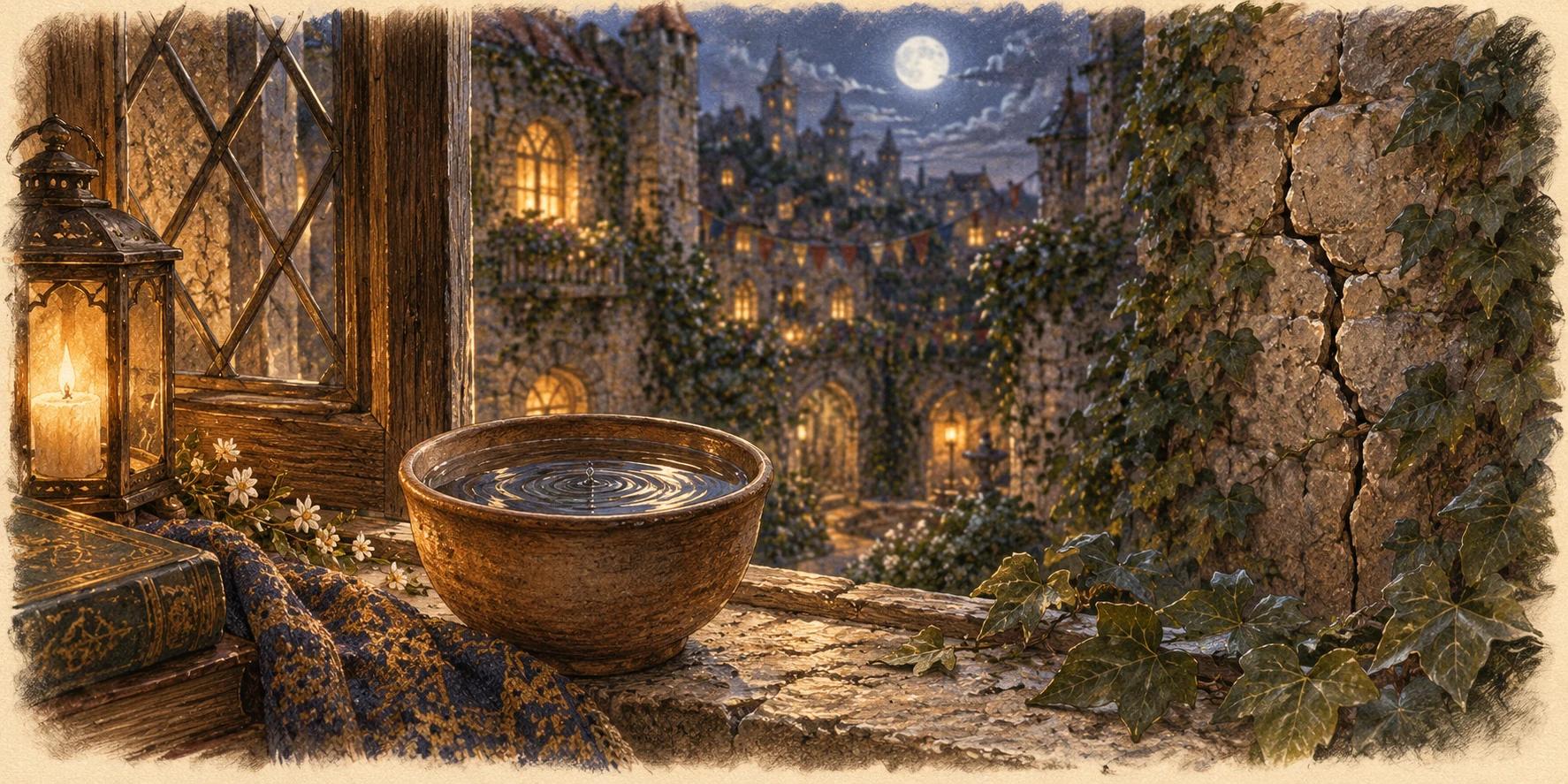 A plain earthenware water cup on a moonlit windowsill, tiny concentric ripples trembling across its surface.