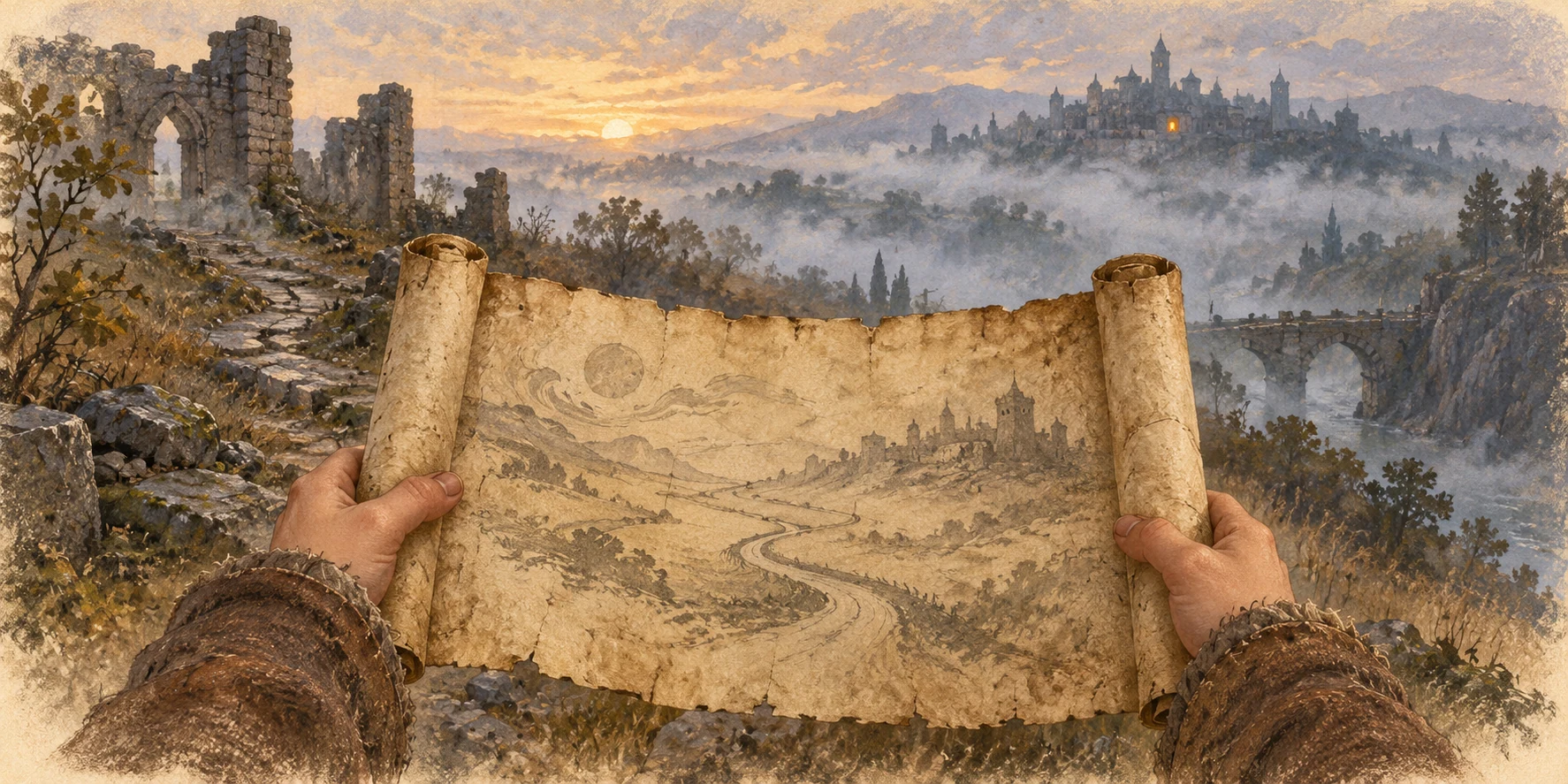 A loosely unrolled weathered parchment scroll held by two small hands in worn brown sleeves, no face or body.