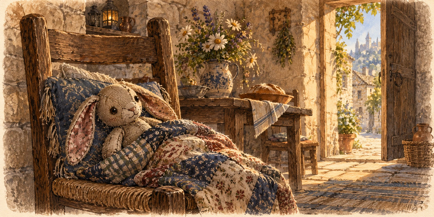 A well-loved small cloth rabbit tucked under a scrap-fabric blanket beside a simple wooden chair in a modest stone house.