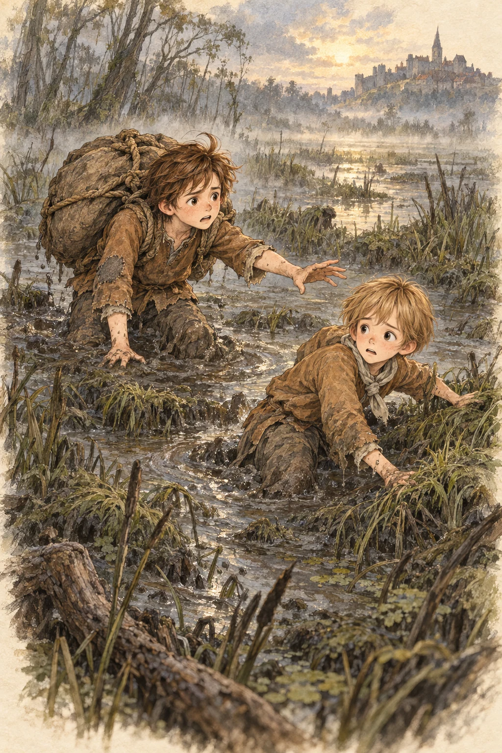 Chris and Pliable slip into the marsh as the wet bundle grows heavier.