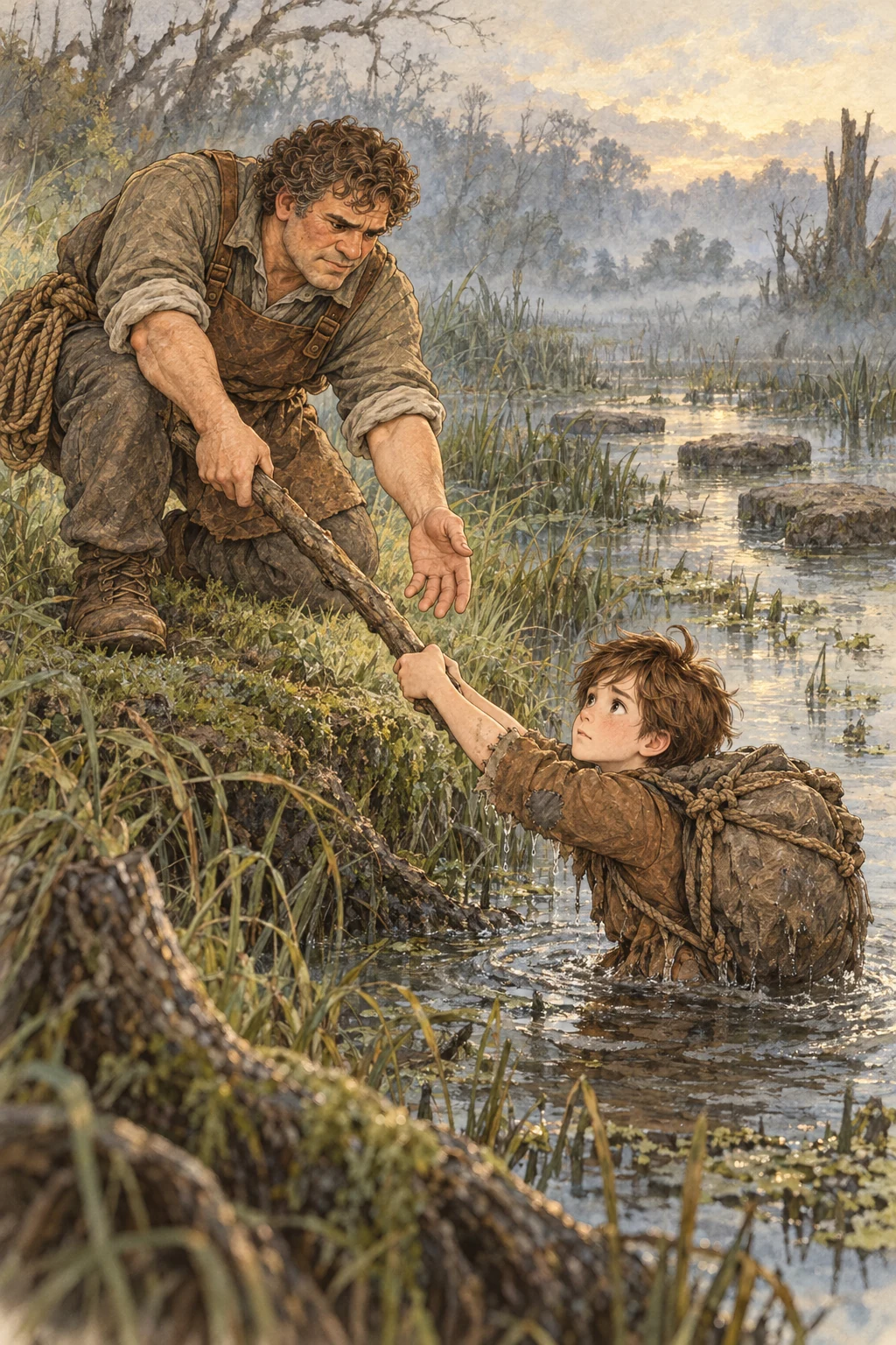 Help holds out a sturdy branch and slowly pulls Chris toward the shallows.