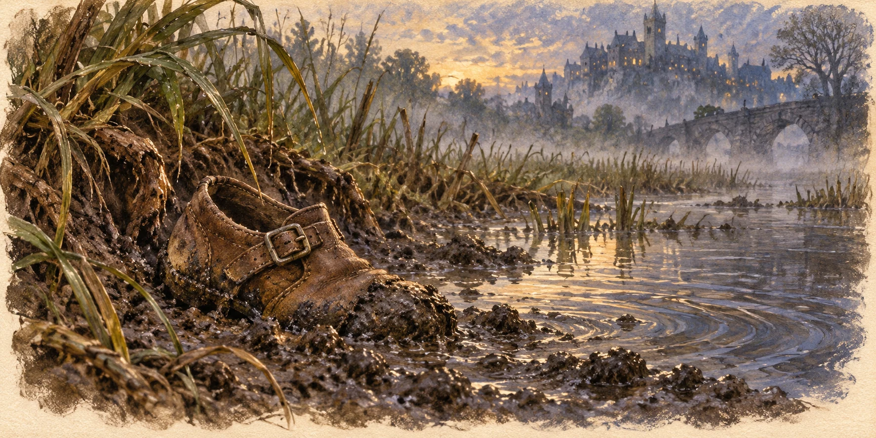 One small worn leather shoe half swallowed by dark marsh mud beside bent grass roots.