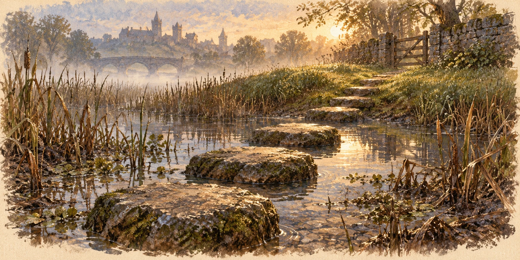 A clear sequence of rough stepping stones emerging above shallow marsh water and leading toward a grassy safe bank.
