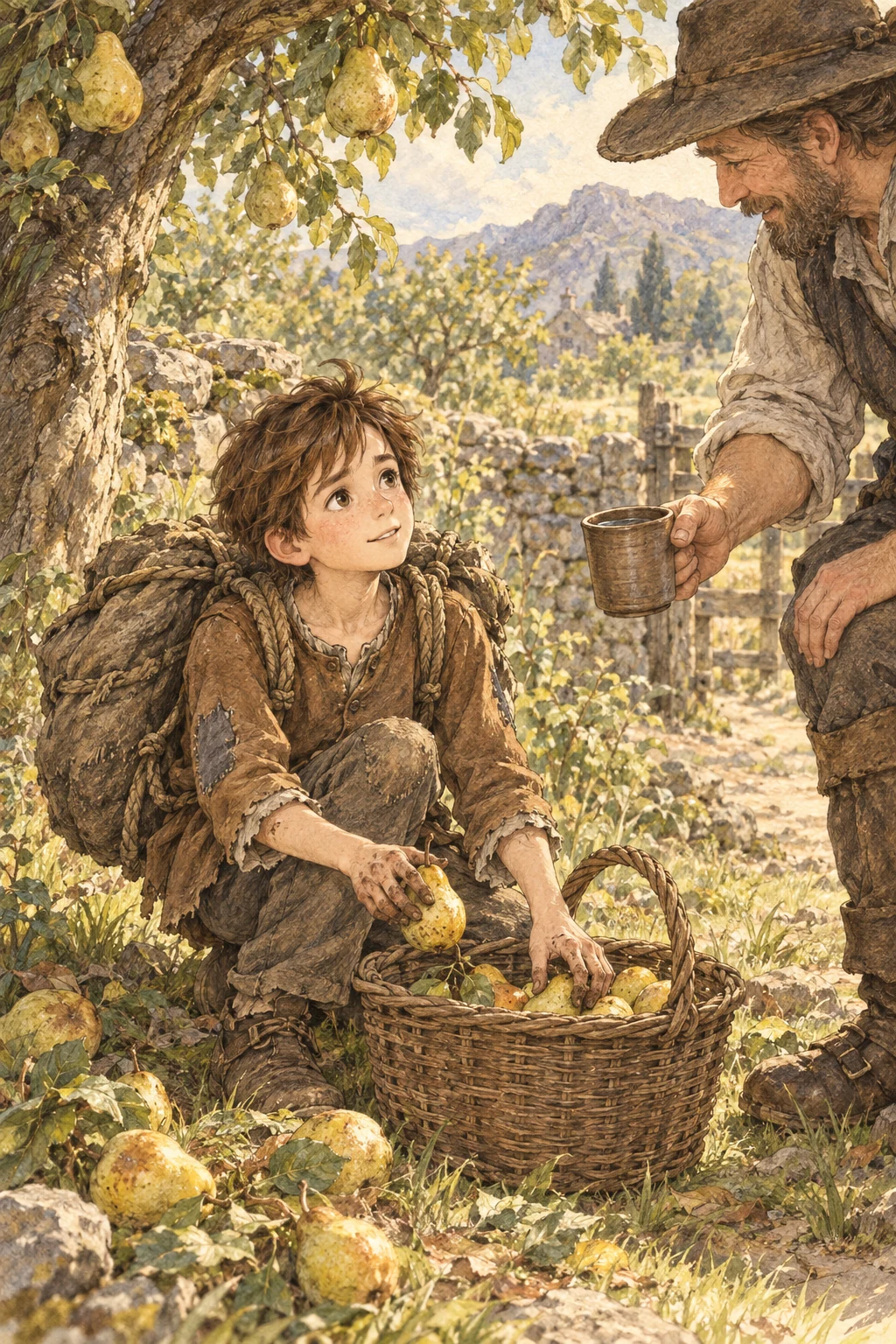 Chris gathers fallen fruit, and the person tending the field gives him water.