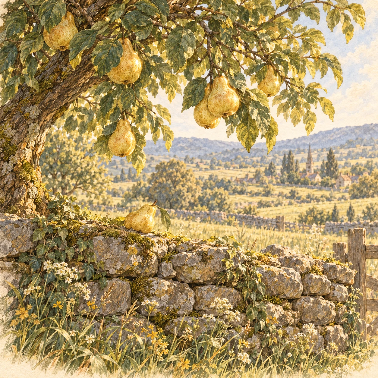 Pears beside a low wall.