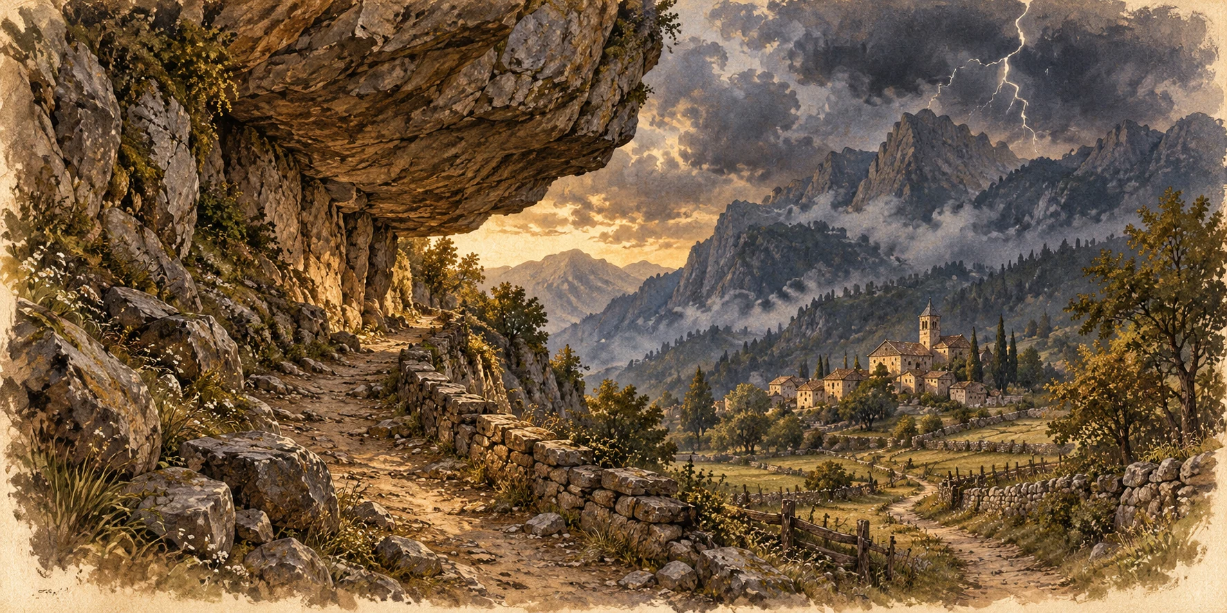An enormous overhanging rock looms above a narrow mountain approach to a tiny distant village.