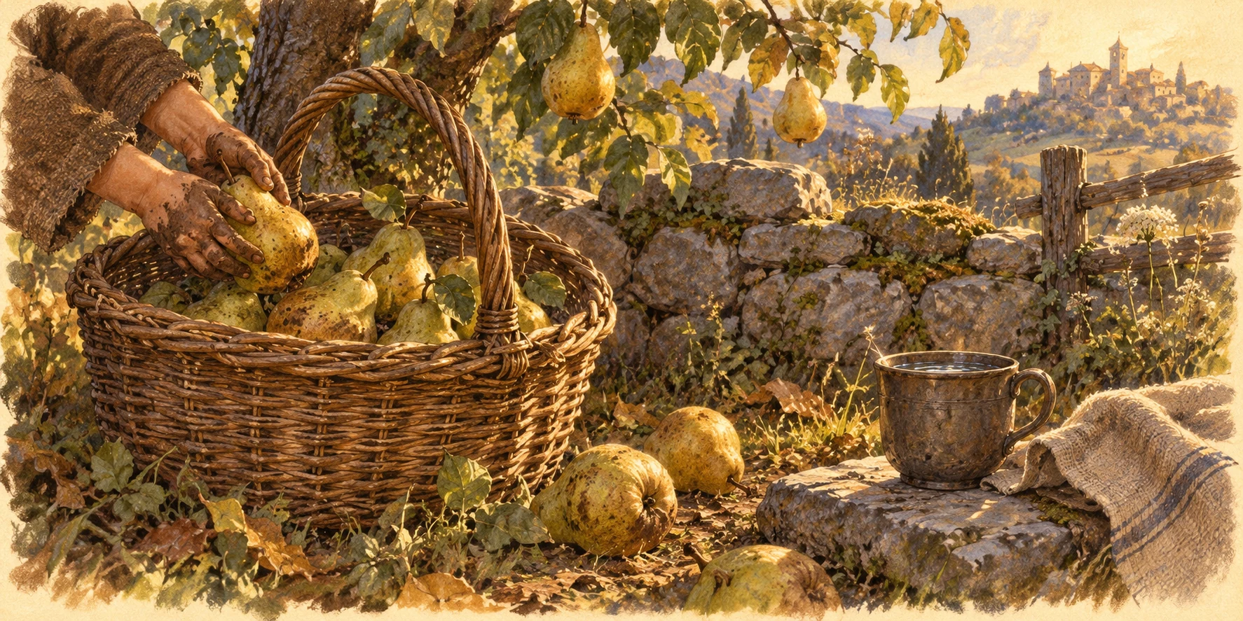 A wicker basket being filled with windfall pears beside a low stone orchard wall, only a child's muddy hands in coarse brown sleeves visible at frame edge.