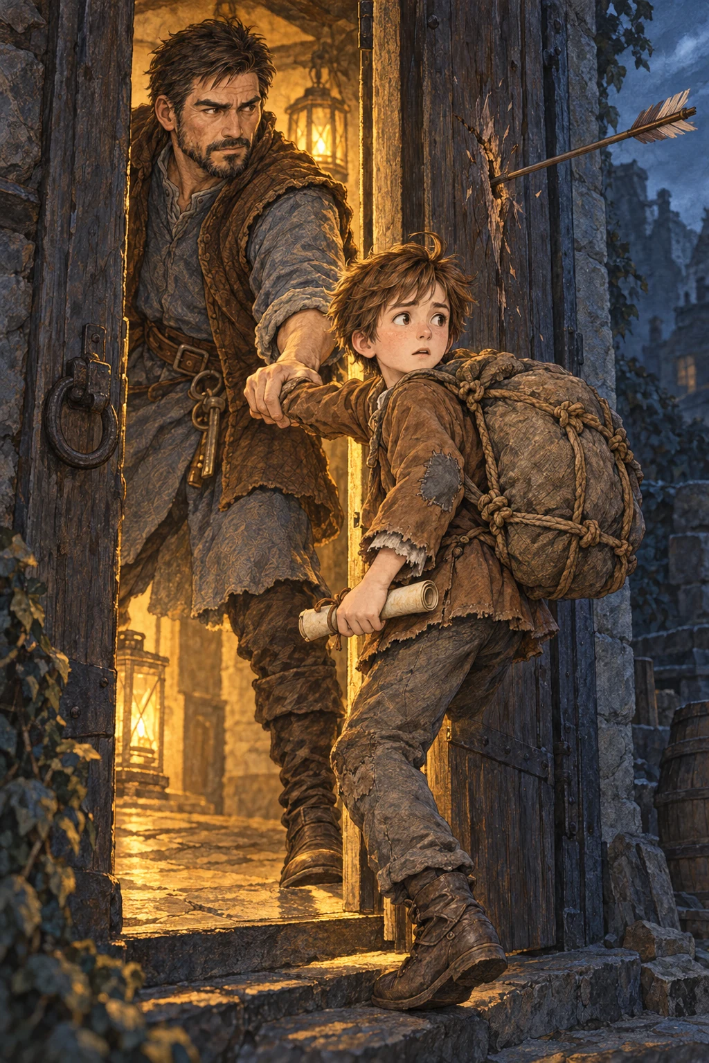 Goodwill pulls Chris inside as an arrow strikes the gate.