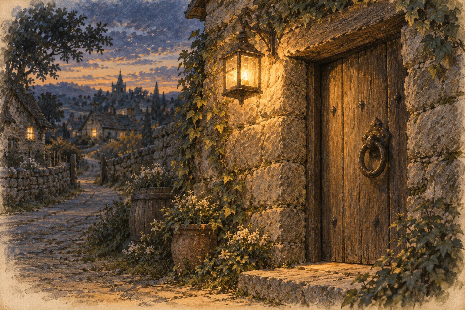 A lamp beside the narrow gate.