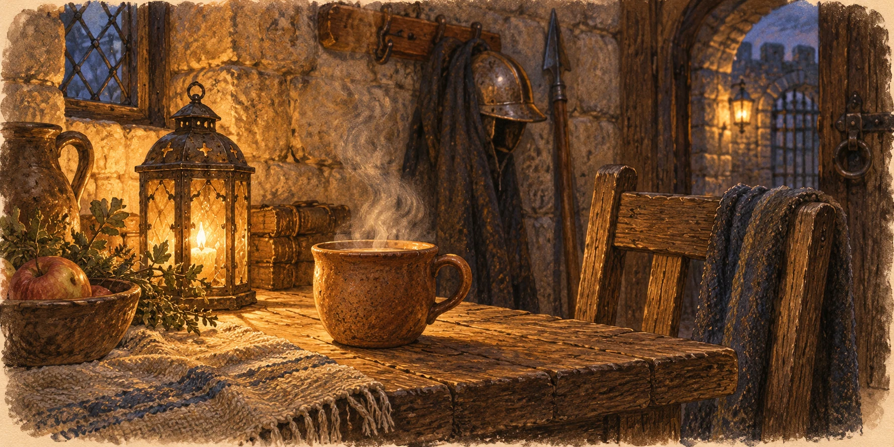 A steaming plain clay cup on a small wooden table inside a humble gatekeeper's room.