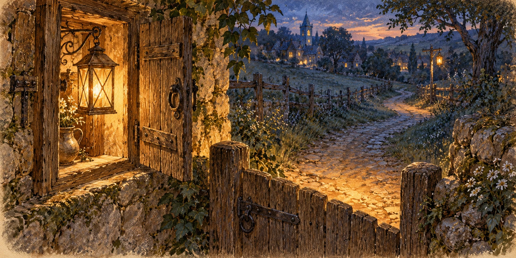 View from inside a small open shutter beside a narrow wooden gate: a hanging lantern casts an amber pool onto the footpath outside.