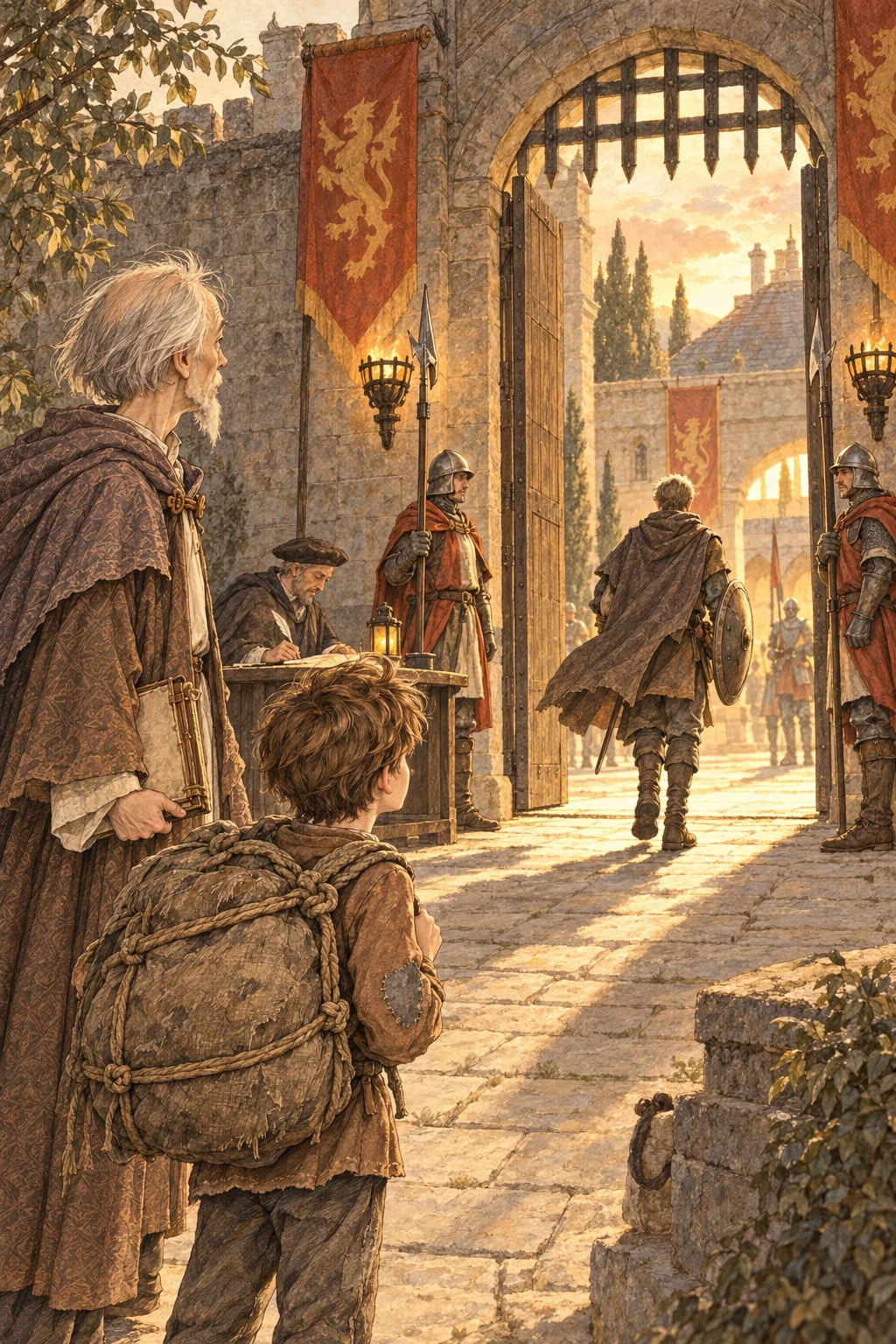 A traveler raises a shield and enters the palace as Chris watches.