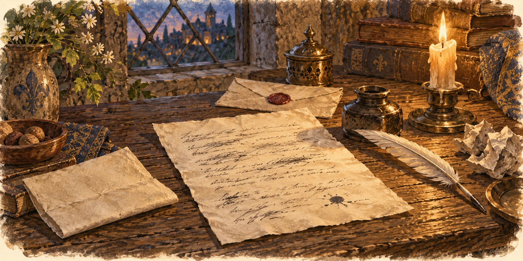 A handwritten letter draft, blank-looking folded parchment and a quill beside a modest candle on an old wooden desk.