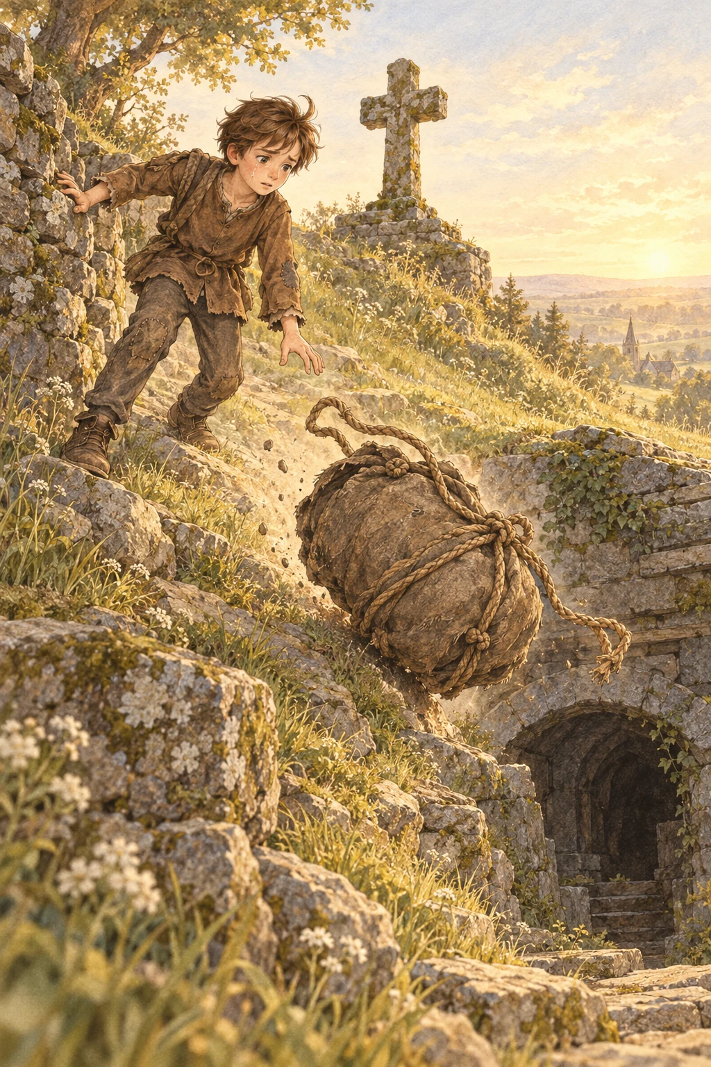 The bundle falls from Chris’s shoulders and rolls into the tomb.