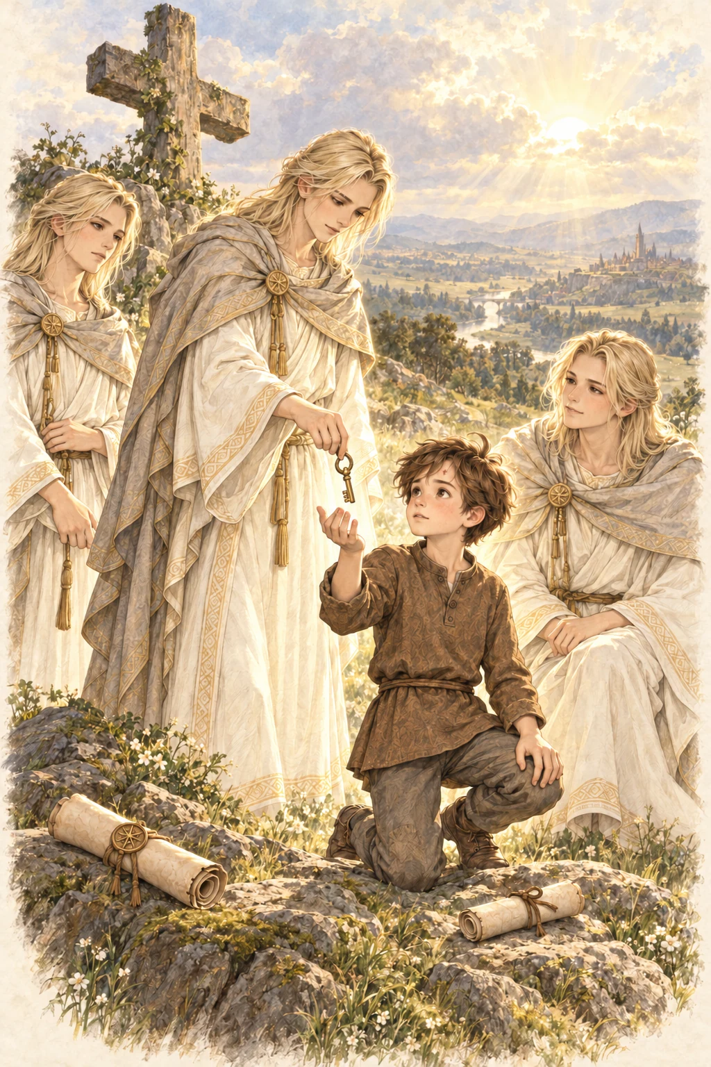 In new, well-fitting clothes, Chris receives the key called Promise from three messengers.