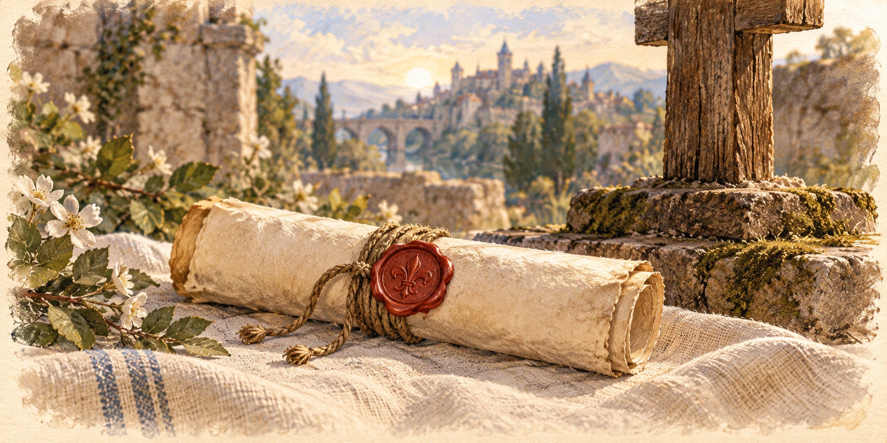 A small rolled cream parchment tied with a simple cord and a warm red wax seal, lying on clean pale linen near a rough wooden cross base in soft distant focus.