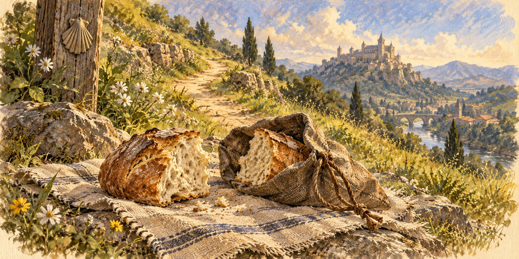 A rough round loaf broken into two halves on a simple cloth beside a path ascending a sunlit grassy hillside.