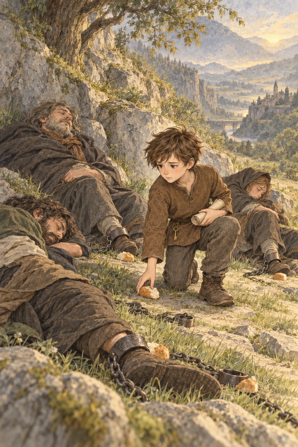 Chris leaves bread and a warning beside three sleeping, chained travelers.