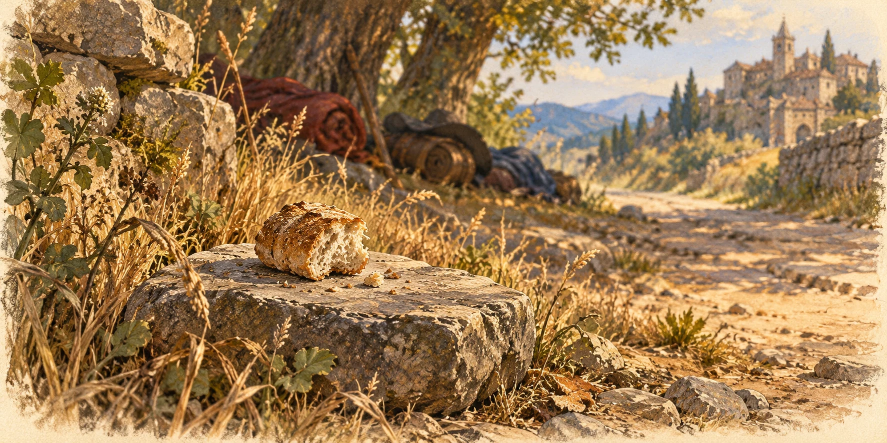 A small piece of bread placed carefully on a flat stone beside dry roadside grass.
