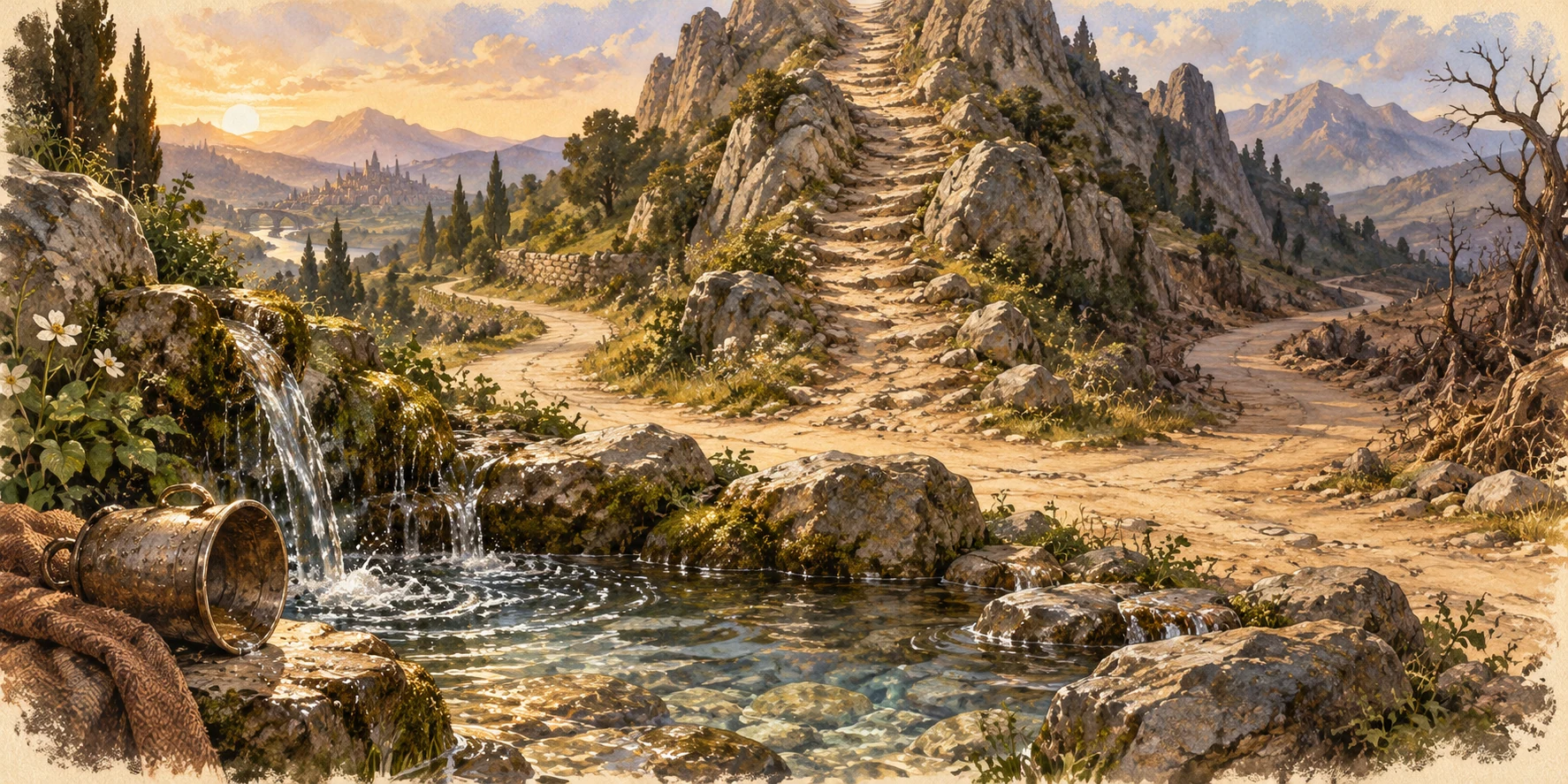 A clear spring pooling at the foot of a steep mountain, one rocky path climbs straight upward while two level paths curve away.