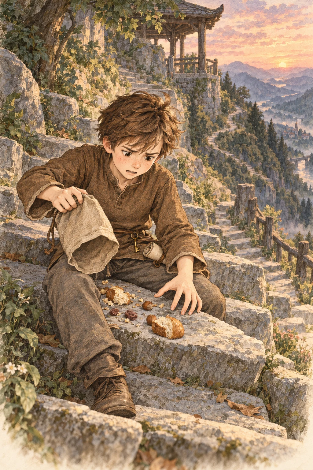 Chris searches his pockets and bread bag for the missing scroll.
