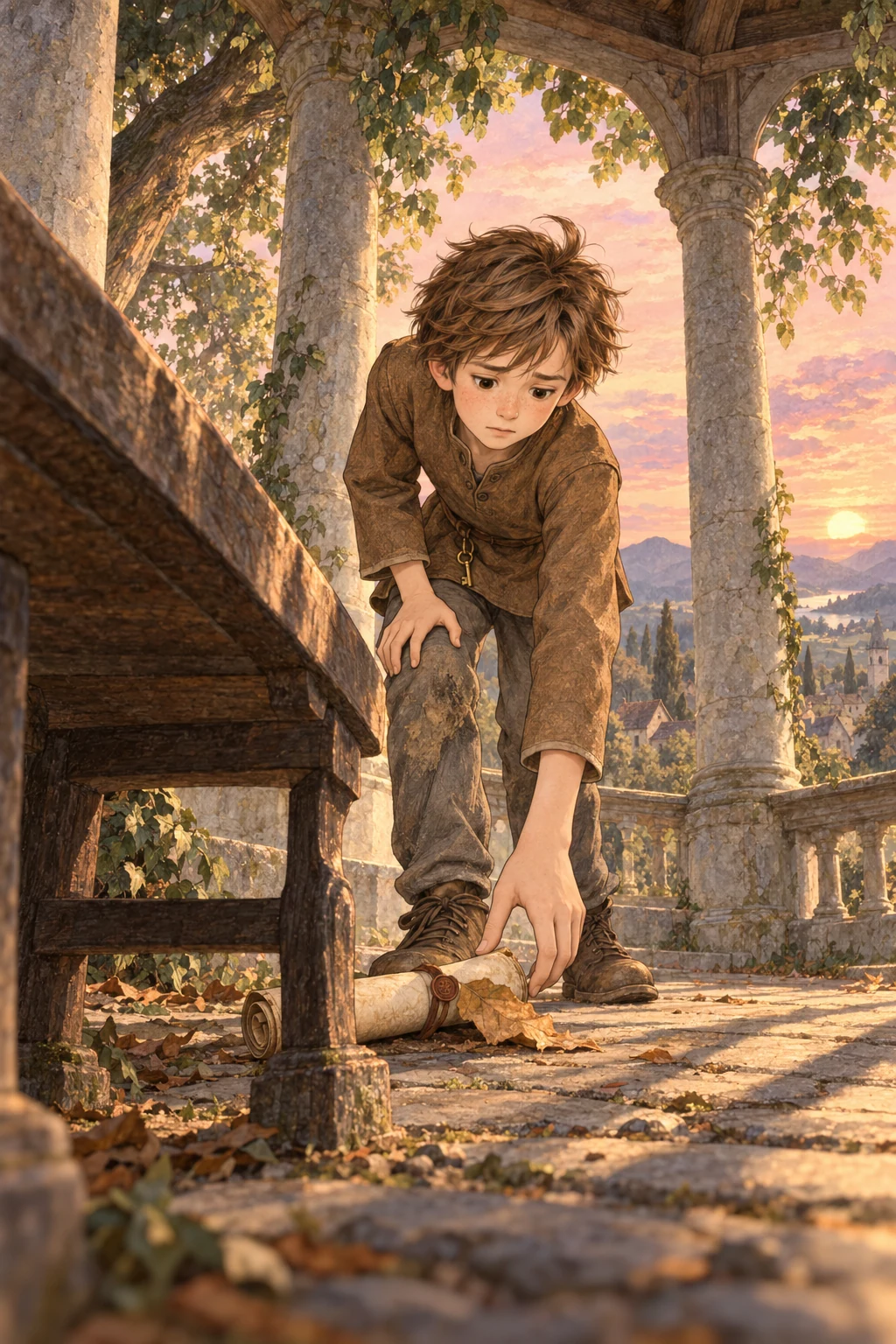Chris returns to the arbor and finds the scroll beneath the bench.