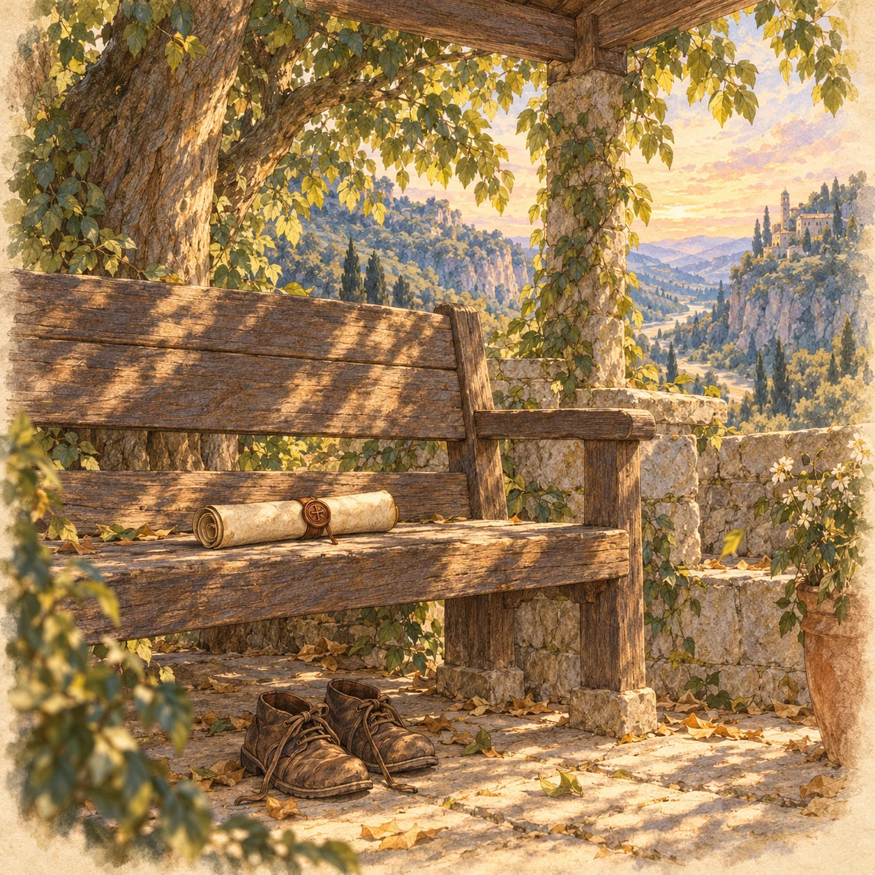 A bench and a sealed scroll.
