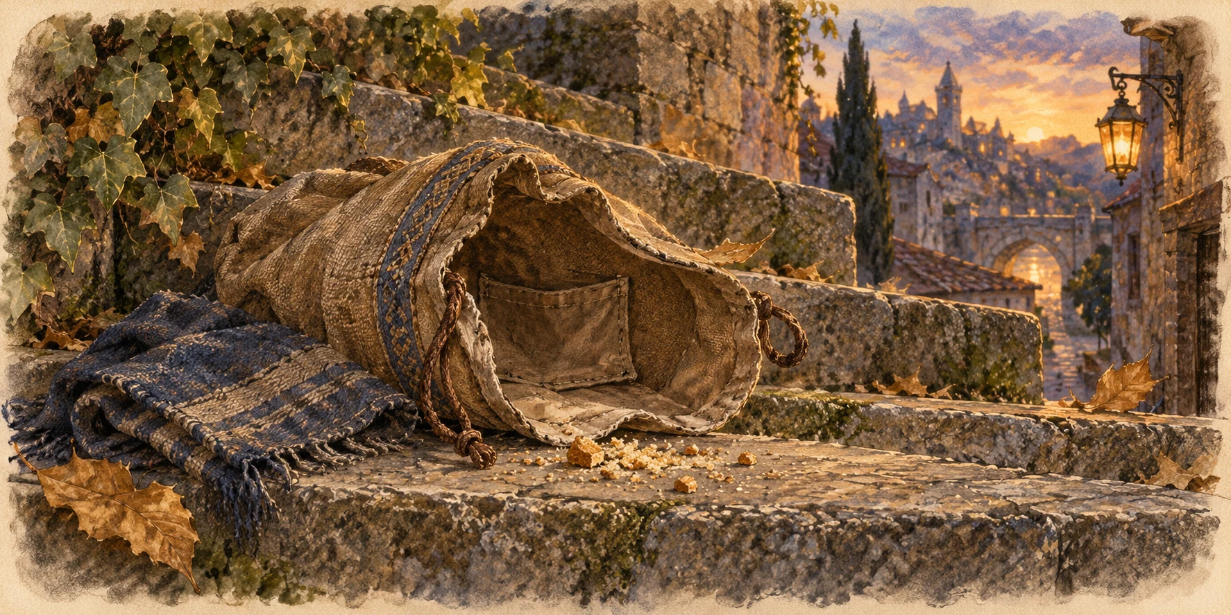 An opened cloth bread bag tipped on a stone stair, a few crumbs and a folded cloth beside it.