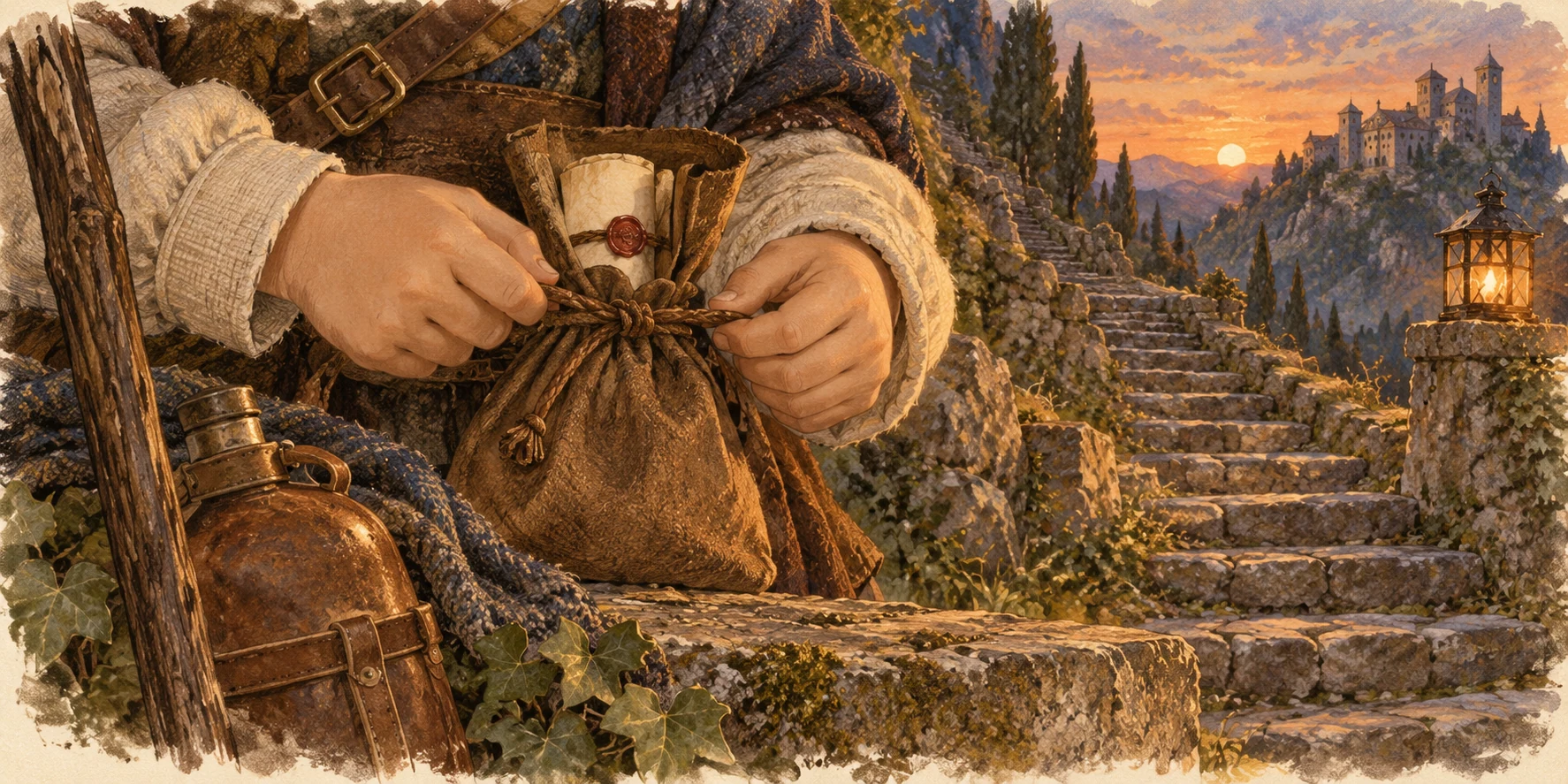 Close-up of small hands in clean cream cuffs tying the cord of a simple chest pouch securely around a sealed scroll.