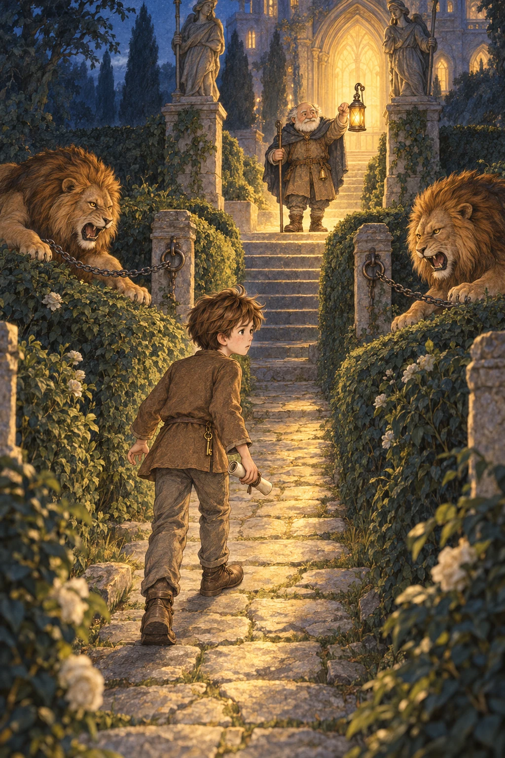 Chris follows the middle stone path between two chained lions.