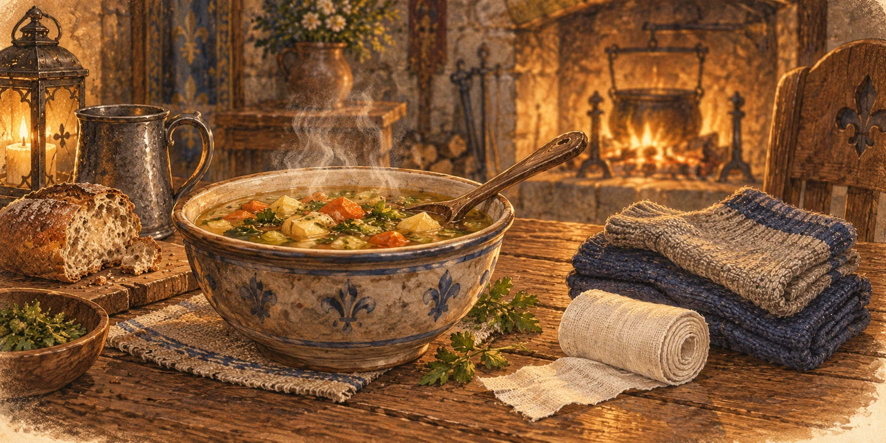 A bowl of steaming vegetable soup with a wooden spoon on a warm plain table, clean folded socks and a fresh bandage nearby.