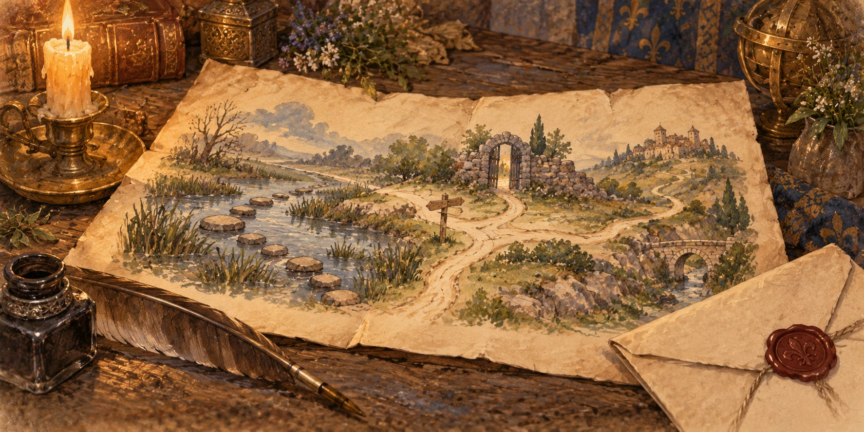 An unfolded parchment route sketch on a table beside quill and candle, simple pictorial marsh stepping stones, narrow gate and winding path without words or labels.