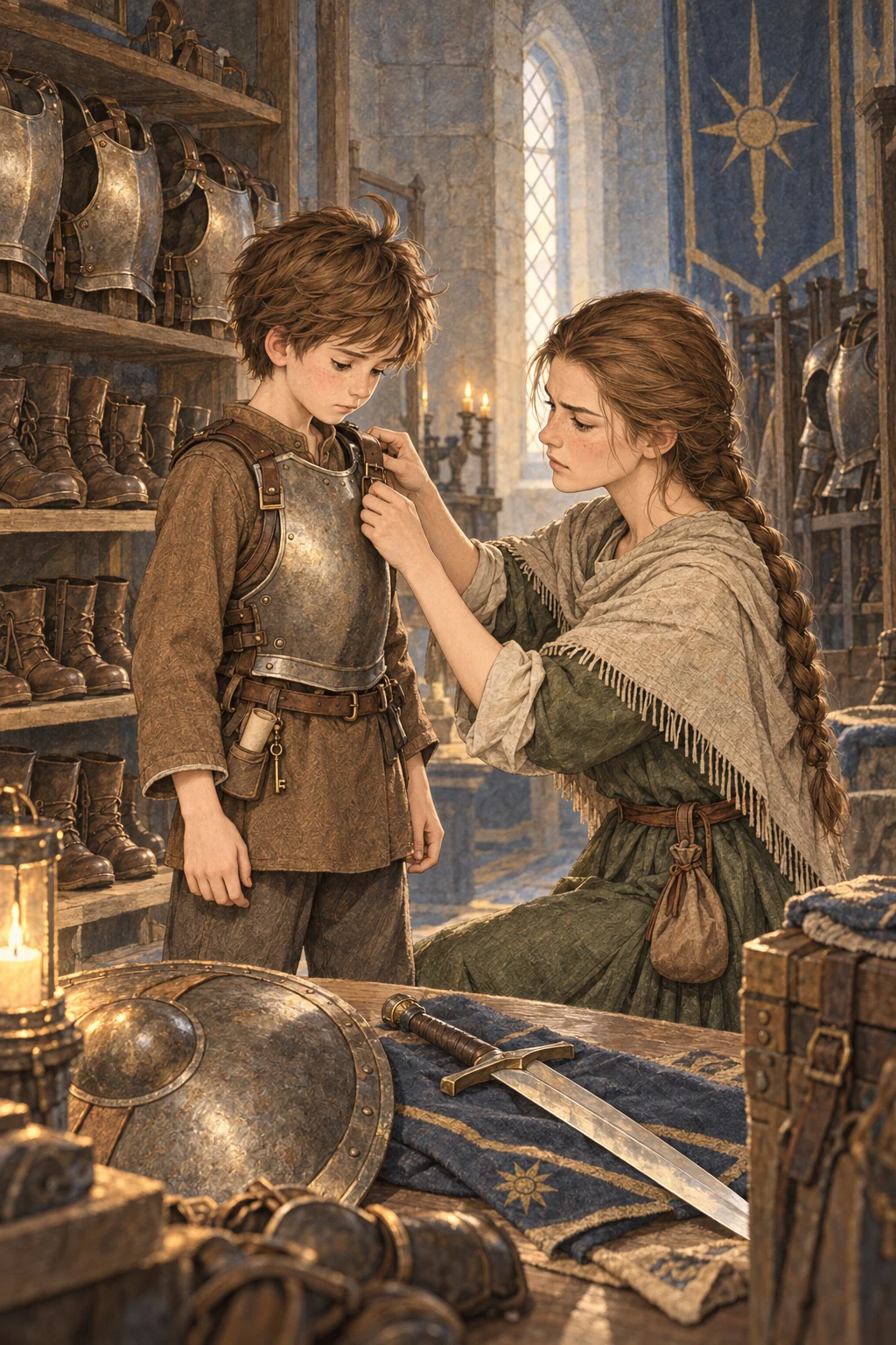 Prudence adjusts Chris’s breastplate and gives him a sword and shield.