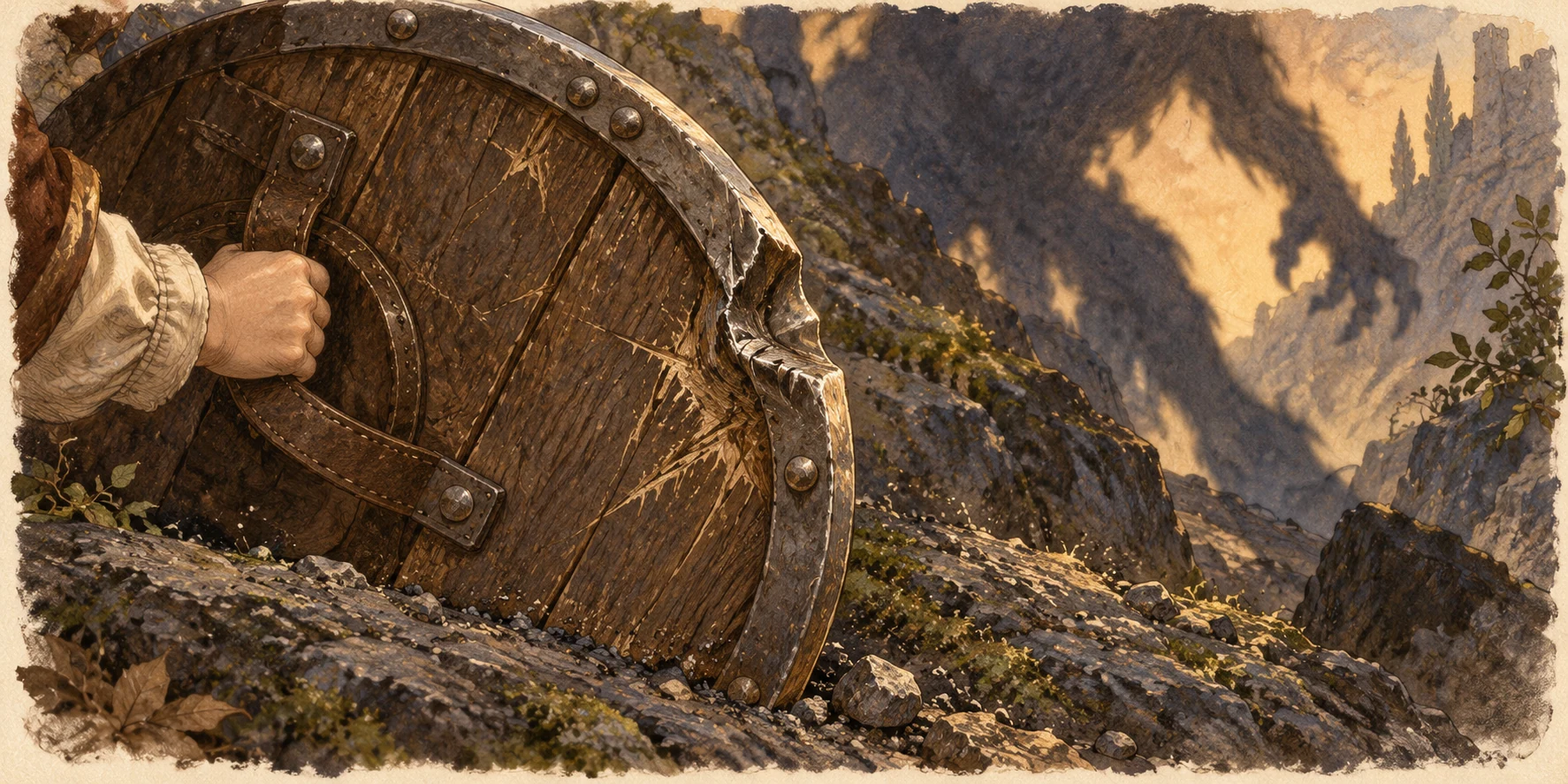 Close-up of a plain round travel shield braced against dark rocky ground, fresh scuffs and a deep dent along its rim, a child's cream-sleeved hand gripping its strap at edge.