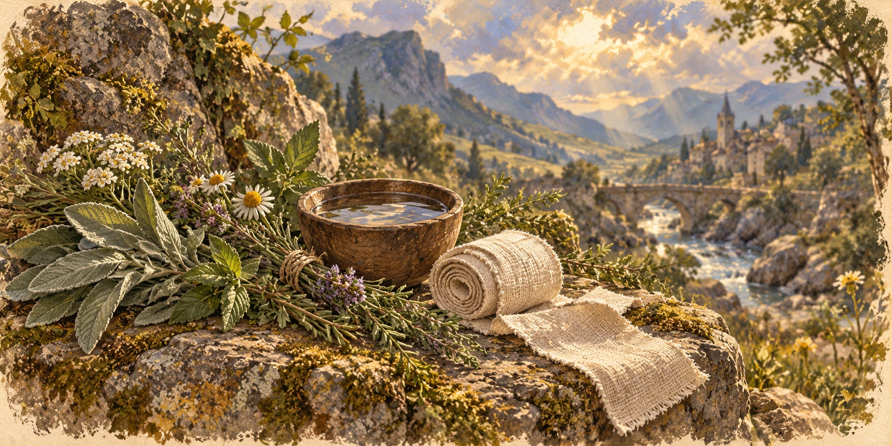 Fresh healing herbs, a little bowl of clean water and a rolled linen bandage laid on a low rock in the valley after the struggle.