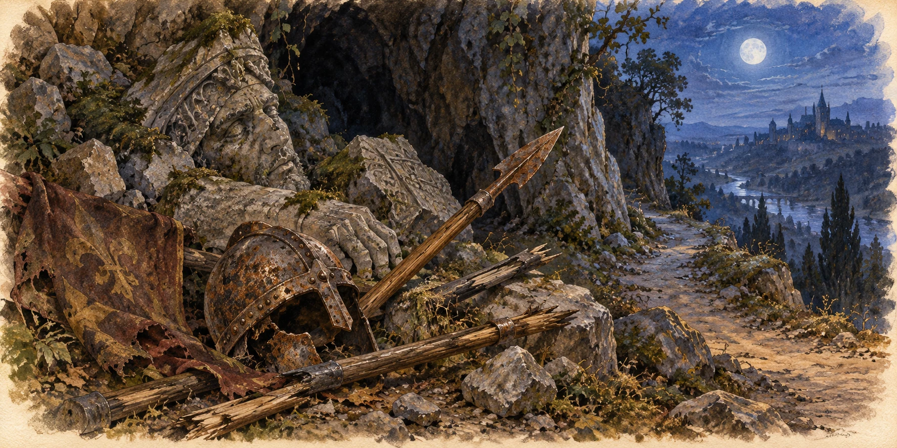 Old broken spear shafts, a rusted helmet and fragments of a fallen stone statue at a cave mouth beside a narrow path.