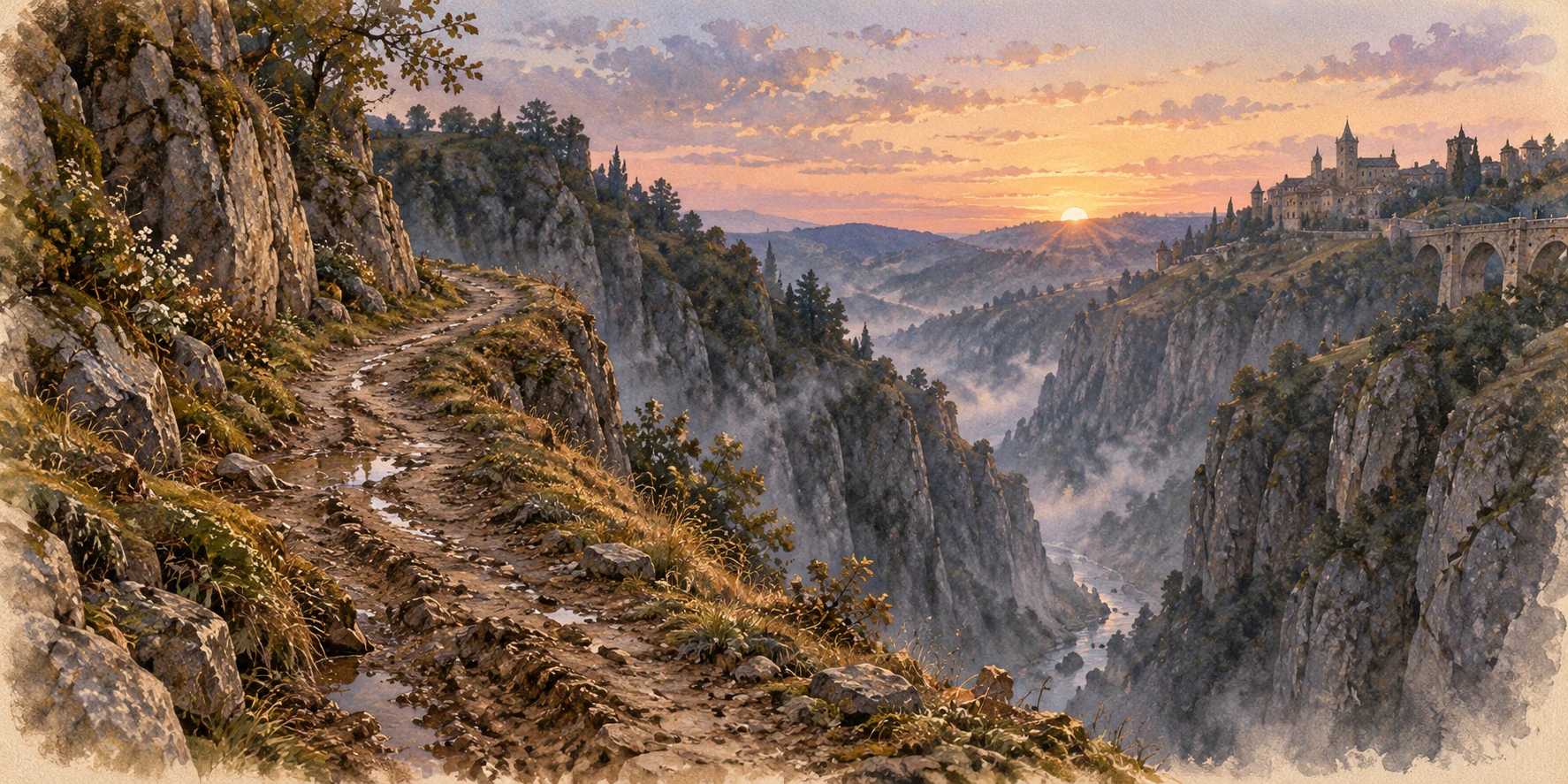 A thin safe earth path running between a muddy bank and a deep rocky cleft, viewed across the valley in first grey-pink dawn.
