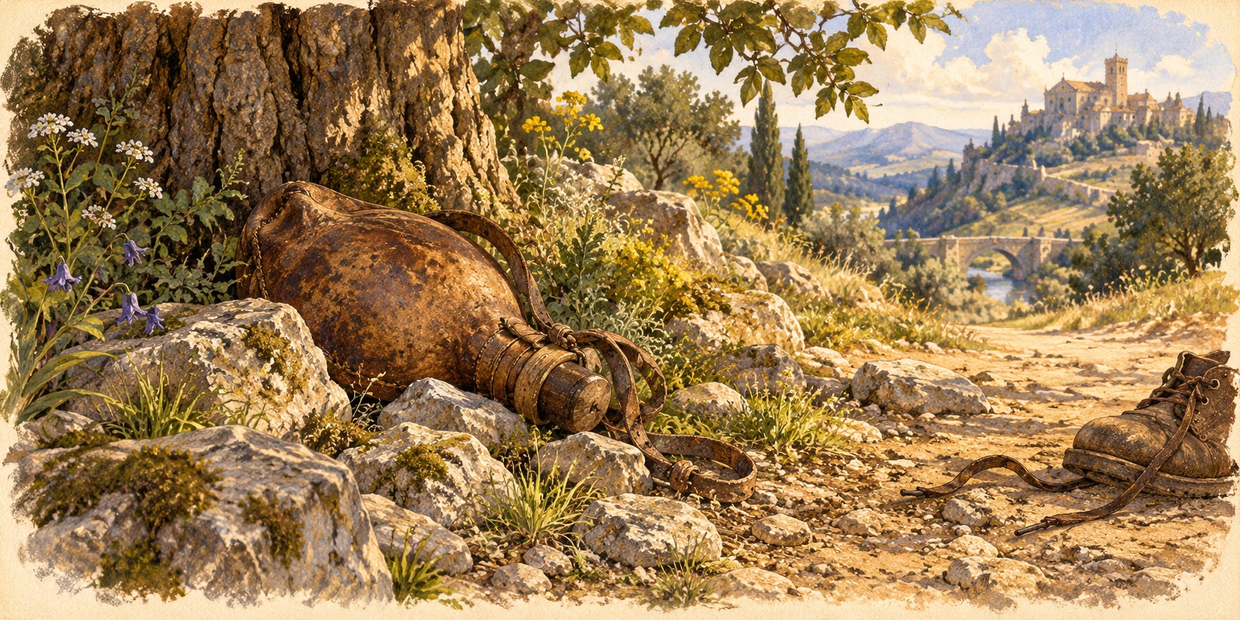 A worn leather waterskin caught among small stones below a roadside tree, a loosened shoe-lace and dusty path at frame edge.