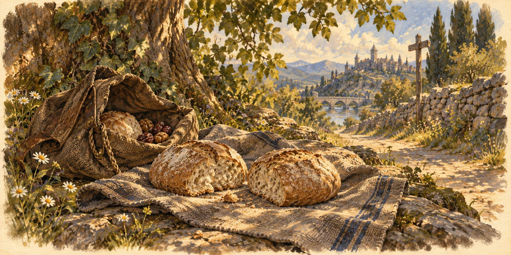 Two modest portions of bread on a folded travelling cloth under a roadside tree, an open simple food bag holding a little extra.