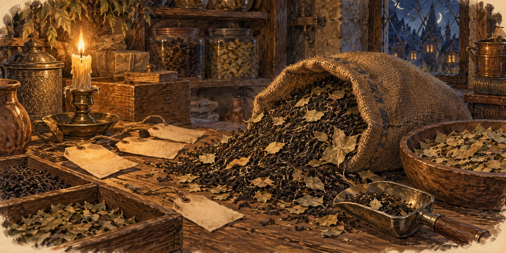 A shopkeeper's rough work table at night: dark tea leaves mixed with cheap pale dry leaves spilling from an open sack, loose paper labels turned face-down, dim candlelight.