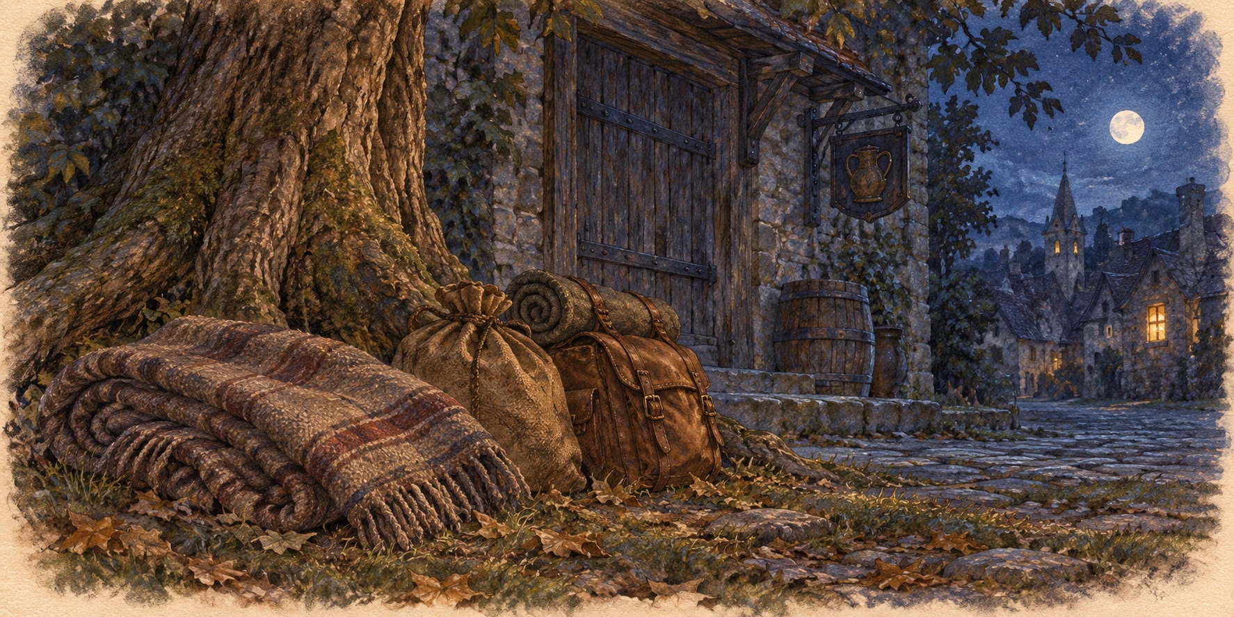 A simple folded wool blanket and two travel bags set at the base of a broad tree outside a closed village shop, cold blue night with a distant warm window.
