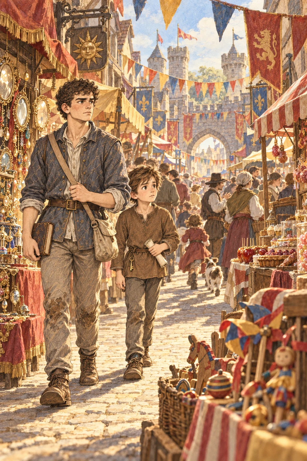 Chris and Faithful enter Vanity Fair among flags, toys, and mirrors.
