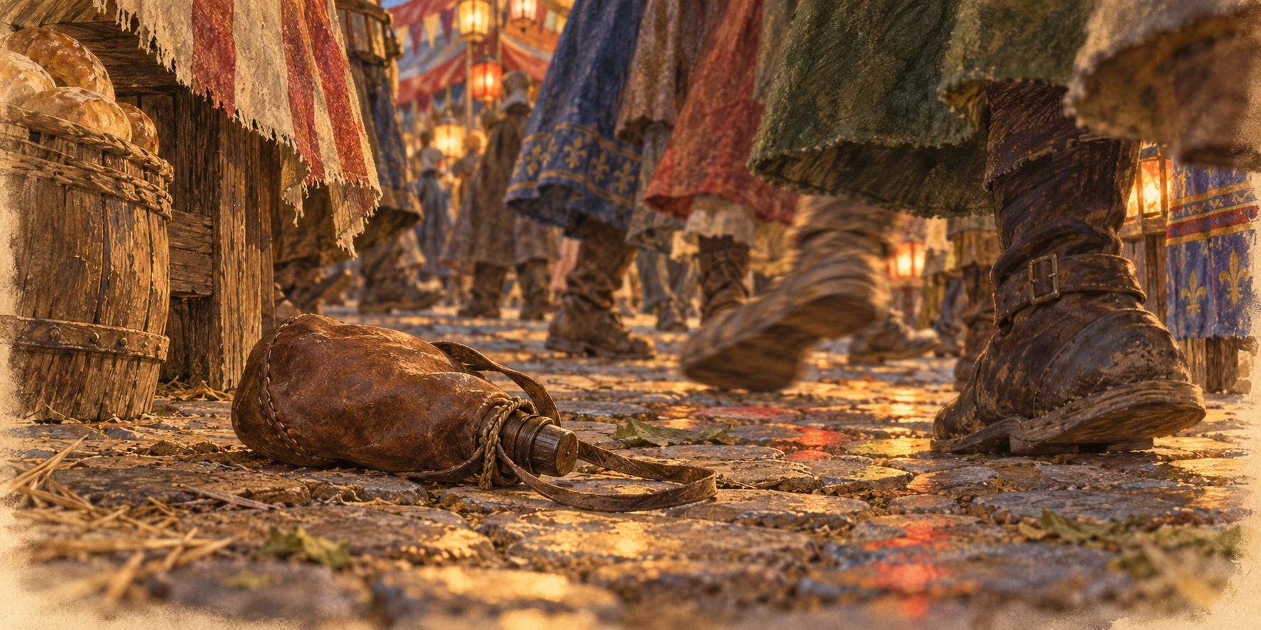 Ground-level close-up of a dropped plain leather waterskin among blurred adult boots and fluttering booth cloth in a crowded medieval fair.