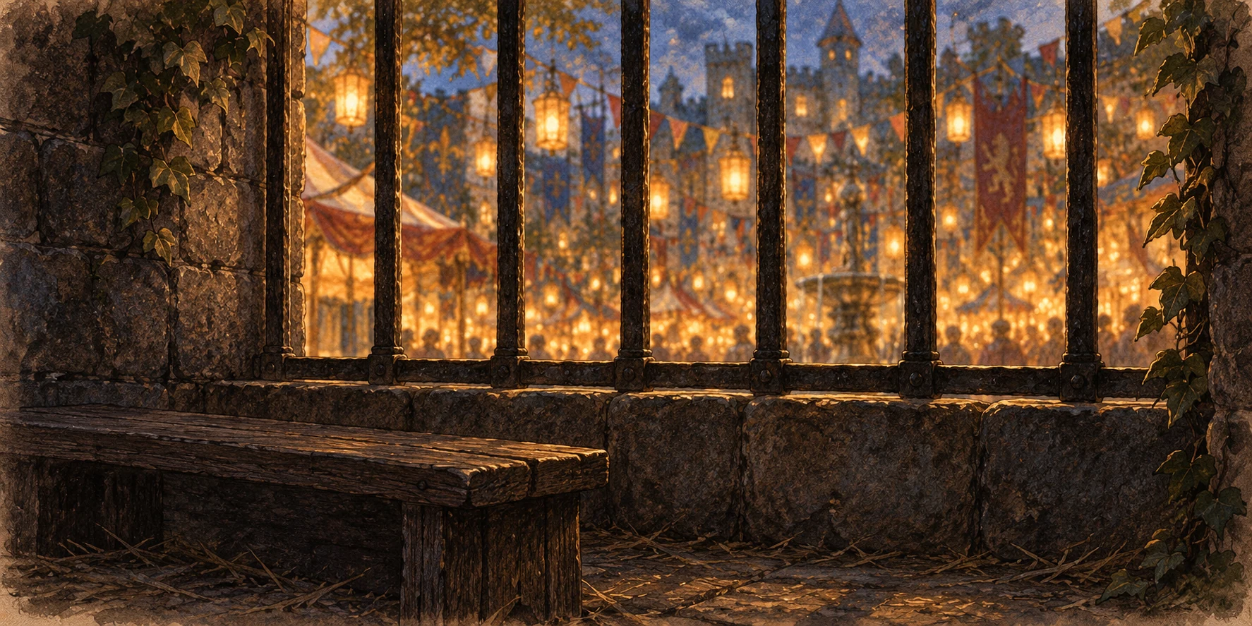 View through dark iron bars at out-of-focus fairground lanterns and colorful flags, a small wooden bench in shadow at the bottom.