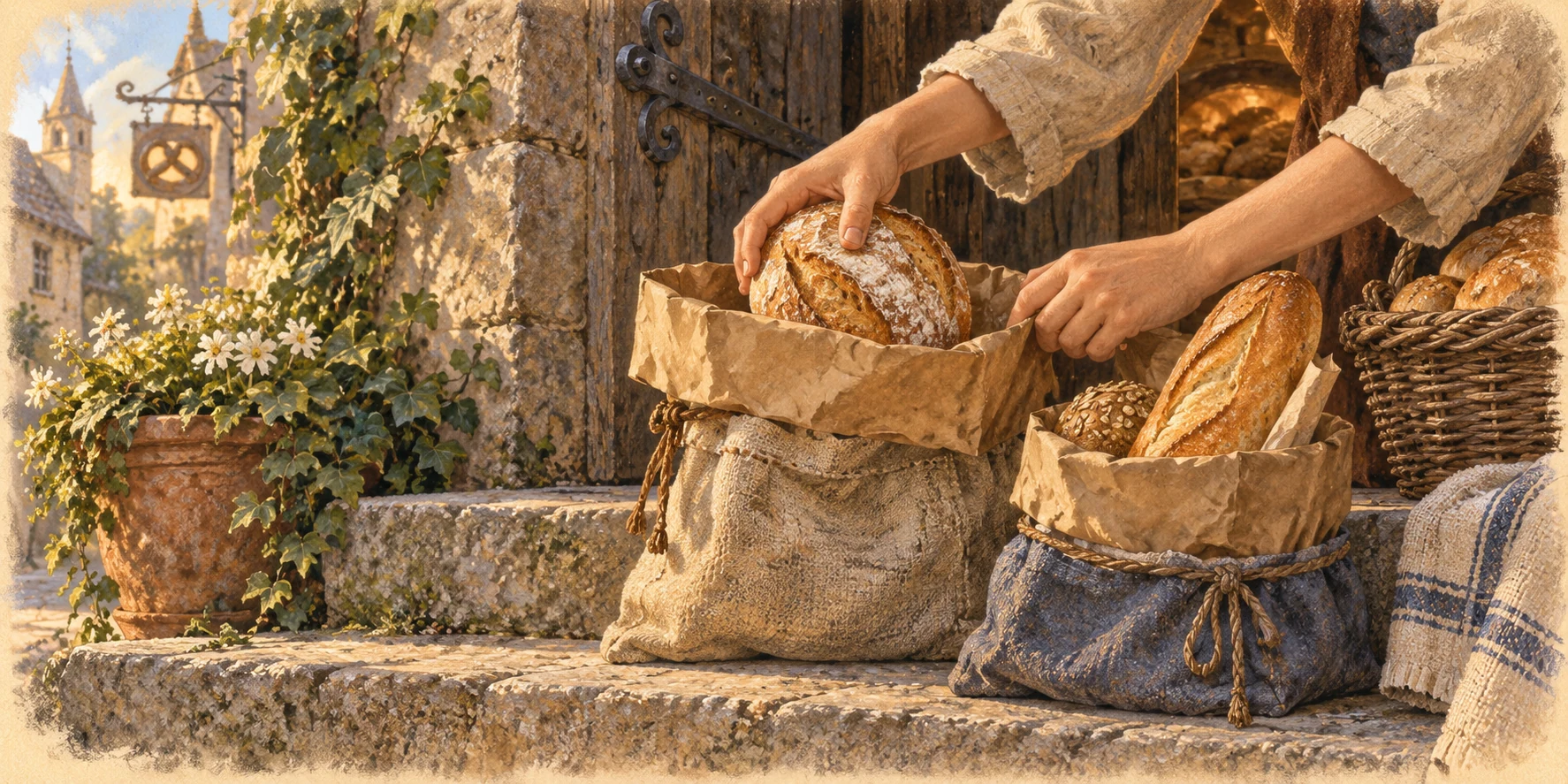 Fresh bread being packed into two small paper-and-cloth bags on a baker's doorstep.
