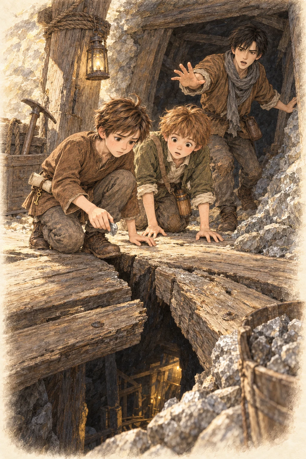 Hopeful notices the cracked plank and drops a pebble to test the mine’s depth.